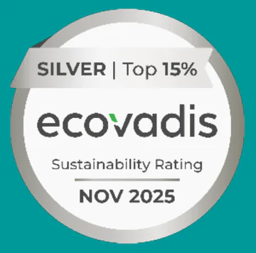 Médaille EcoVadis portant les mentions « SILVER | Top 15 % », « ecovadis », « Sustainability Rating » et « NOV 2025 »