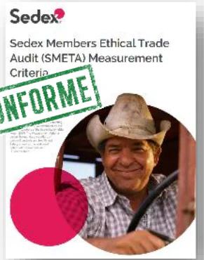 Couverture du document Sedex « Sedex Members Ethical Trade Audit (SMETA) Measurement Criteria », barrée d’un tampon vert « CONFORME ».