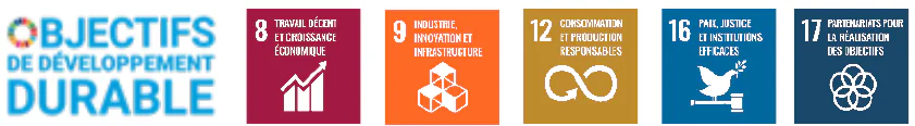 Logo « OBJECTIFS DE DÉVELOPPEMENT DURABLE » et icônes des objectifs 8, 9, 12, 16 et 17