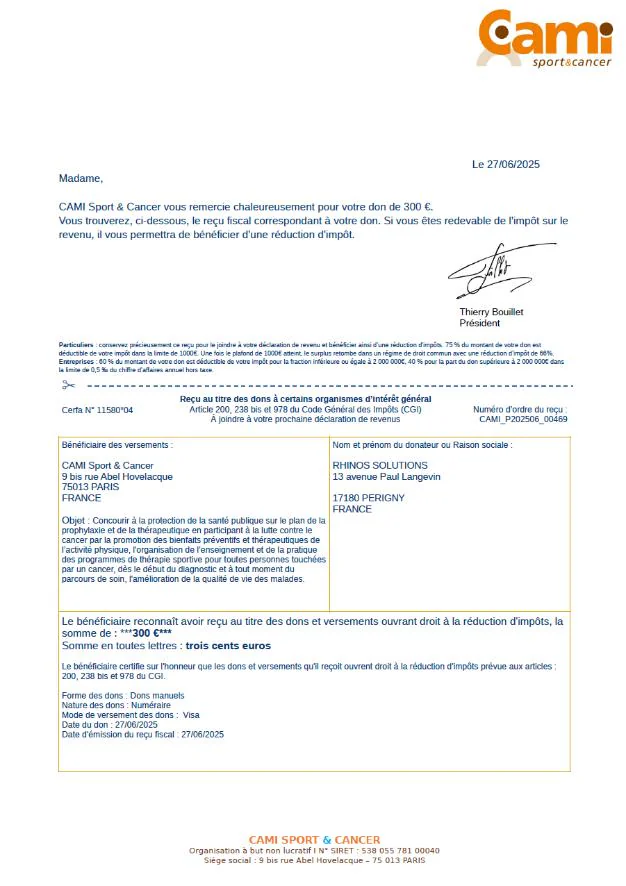 Lettre de remerciement et reçu fiscal de CAMI Sport & Cancer pour le don de RHINOS SOLUTIONS (description détaillée ci-après).